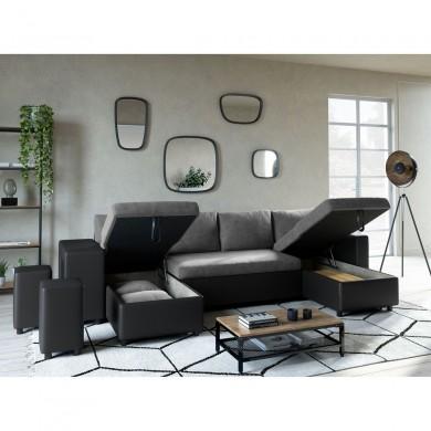 Canapé panoramique L200 U Plus Gris Noir Niche à gauche avec 2 poufs  L200UPLUSPUNRMFGRG